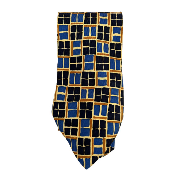 Herve Paris Milan 100% Silk Men's Neck Tie 57" Blue/Tan/Cream Geometric - Picture 1 of 6